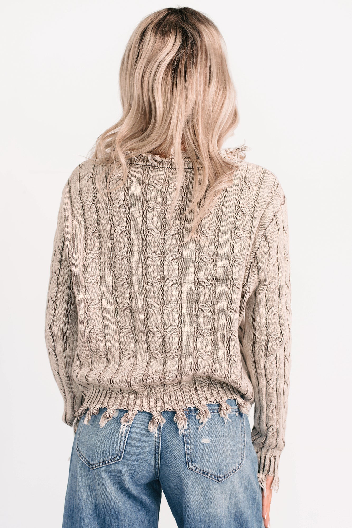 NanaMacs Unwritten Future Cable Knit Fringe Zenana Sweater (Mocha)