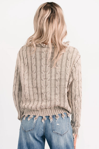 NanaMacs Unwritten Future Cable Knit Fringe Zenana Sweater (Mocha)