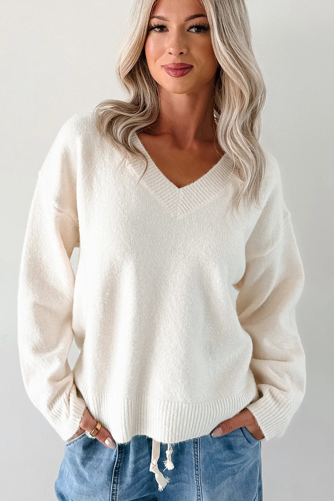 NanaMacs Easiest Choices Papermoon V-Neck Sweater (Cream)