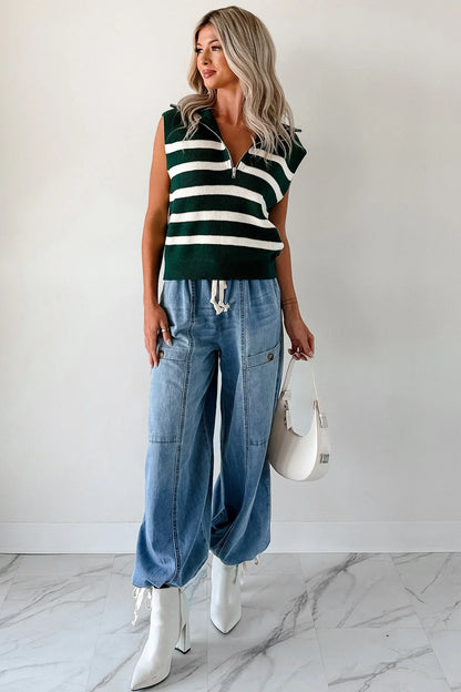 NanaMacs Daily Joys Striped Half-Zip Sweater Vest (Green/Cream)