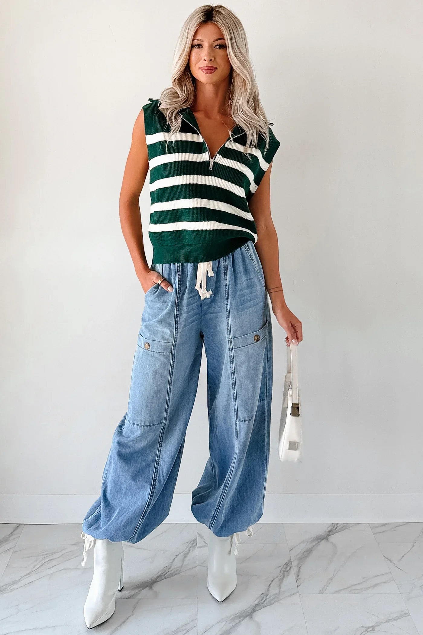 NanaMacs Daily Joys Striped Half-Zip Sweater Vest (Green/Cream)