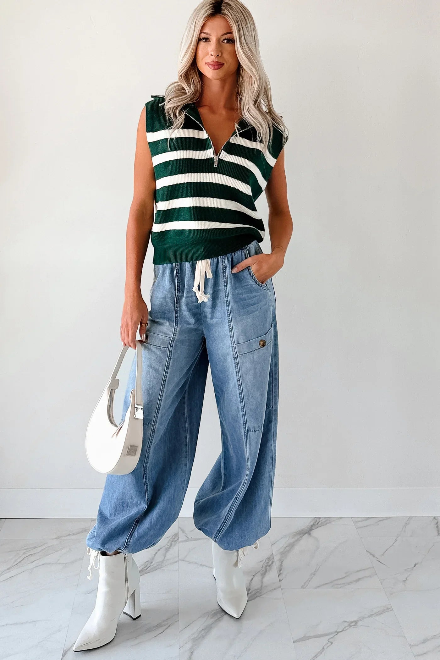 NanaMacs Daily Joys Striped Half-Zip Sweater Vest (Green/Cream)