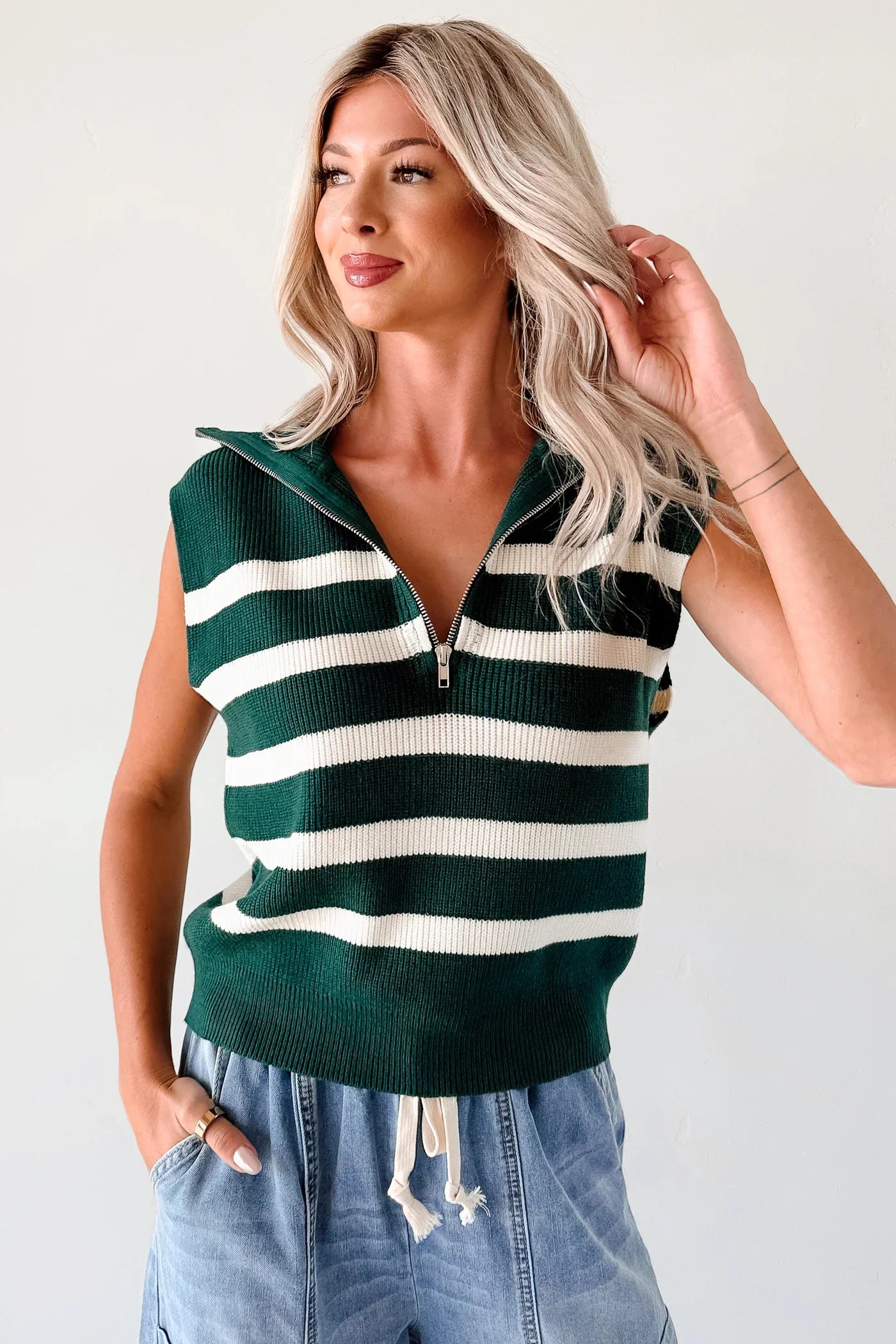 NanaMacs Daily Joys Striped Half-Zip Sweater Vest (Green/Cream)