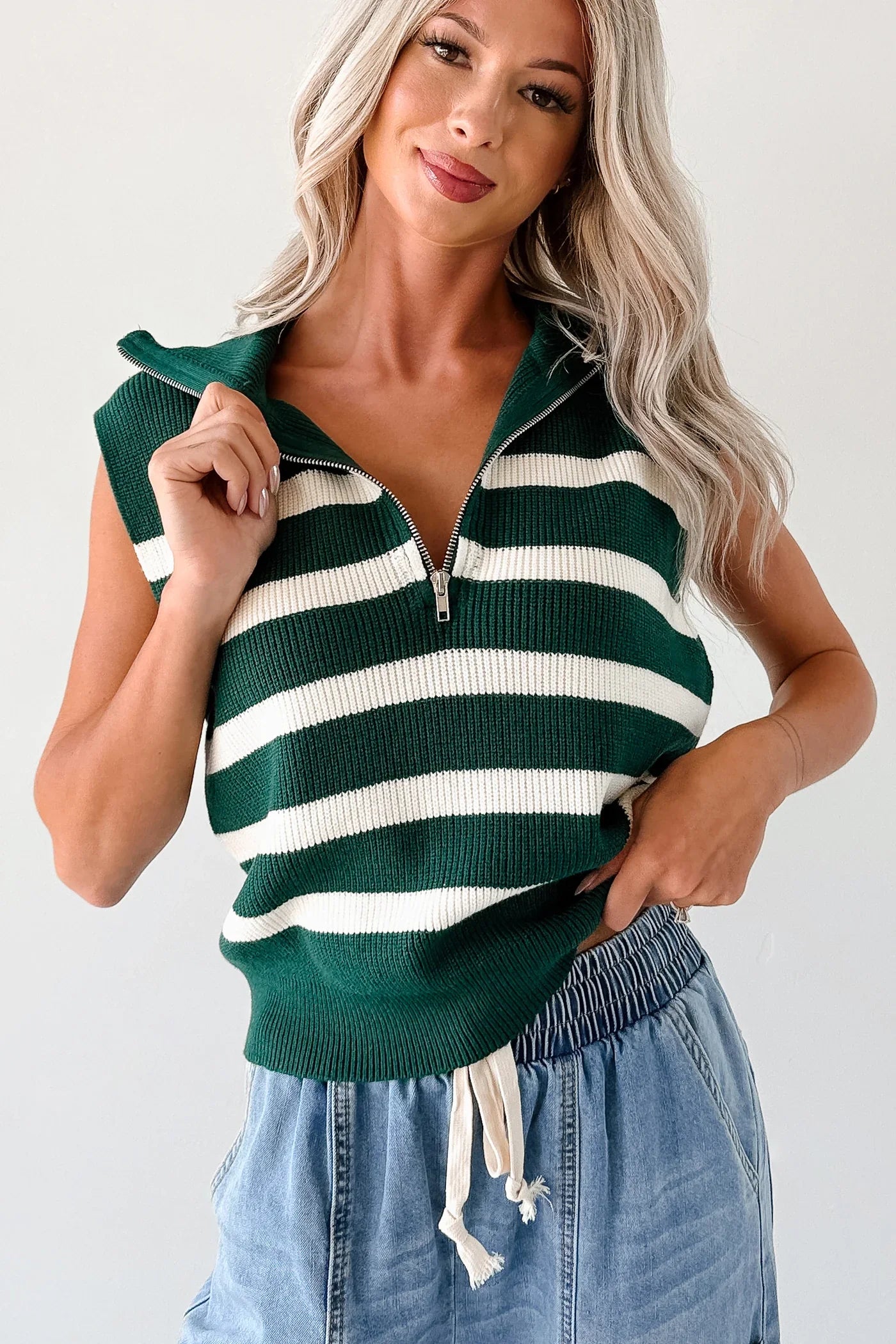NanaMacs Daily Joys Striped Half-Zip Sweater Vest (Green/Cream)