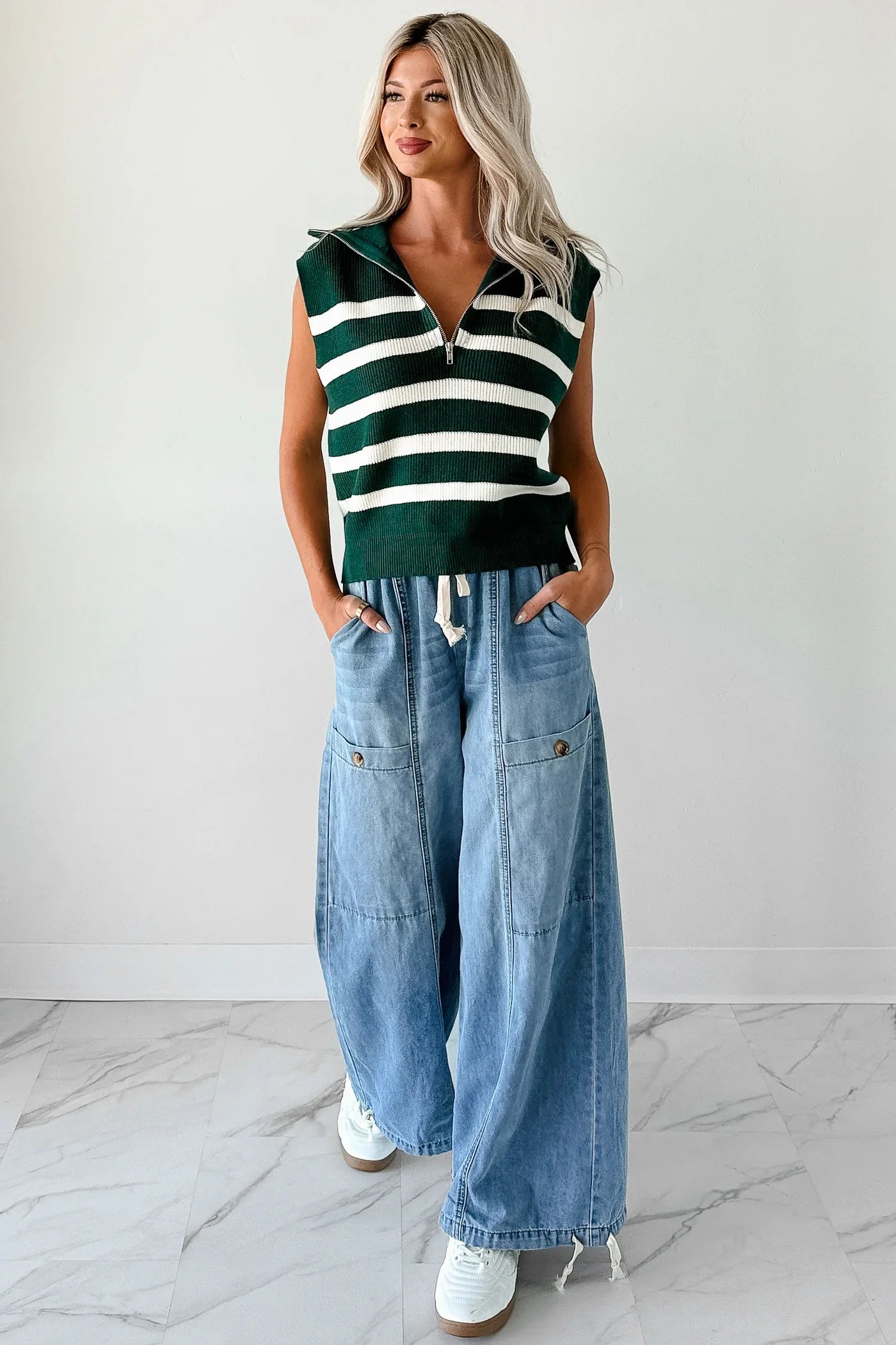 NanaMacs Daily Joys Striped Half-Zip Sweater Vest (Green/Cream)