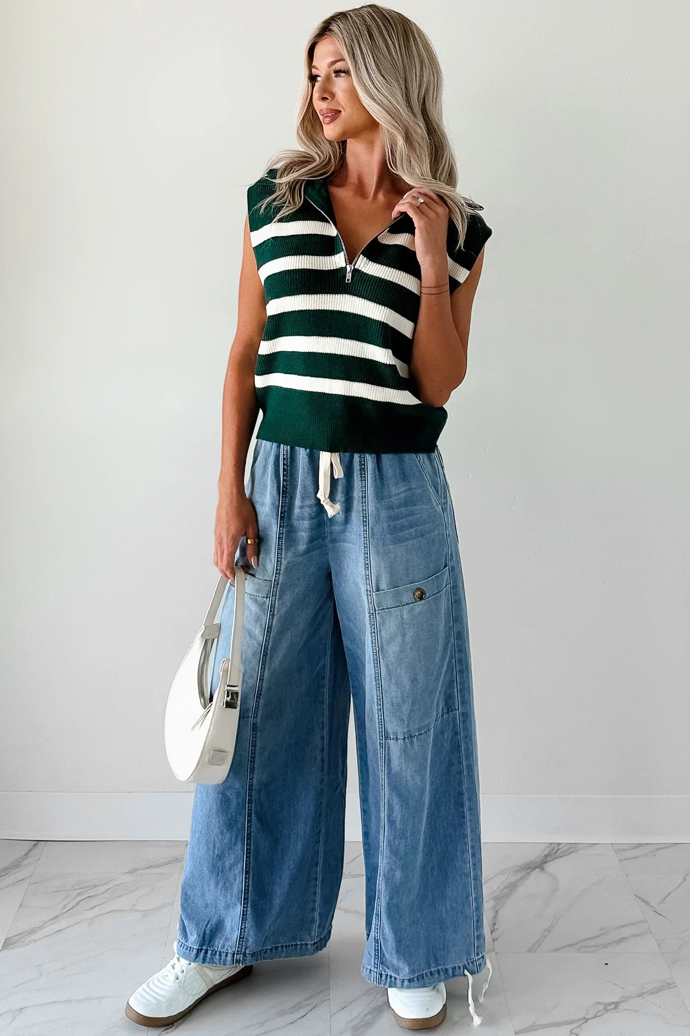 NanaMacs Daily Joys Striped Half-Zip Sweater Vest (Green/Cream)