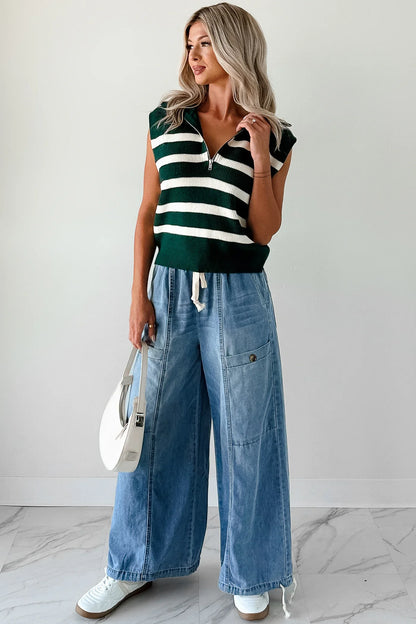 NanaMacs Daily Joys Striped Half-Zip Sweater Vest (Green/Cream)