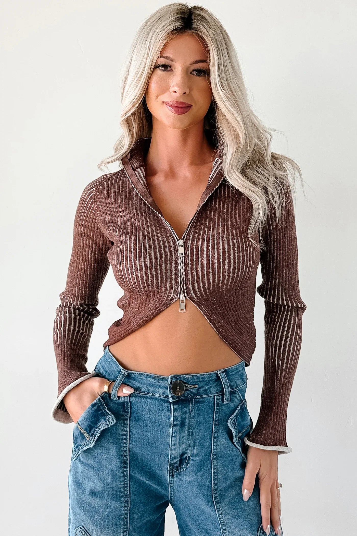 NanaMacs Dreamboat Babe Ribbed Zip-Up Top (Brown)