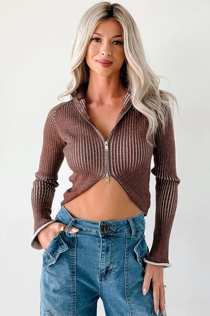 NanaMacs Dreamboat Babe Ribbed Zip-Up Top (Brown)