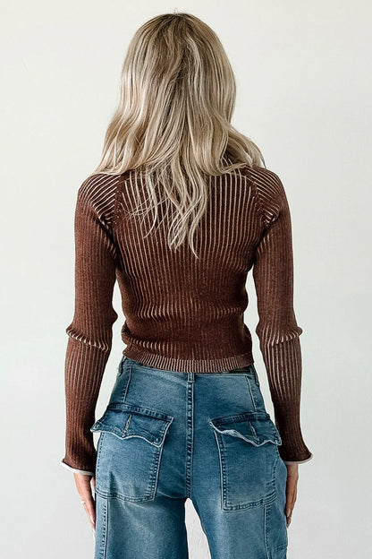 NanaMacs Dreamboat Babe Ribbed Zip-Up Top (Brown)