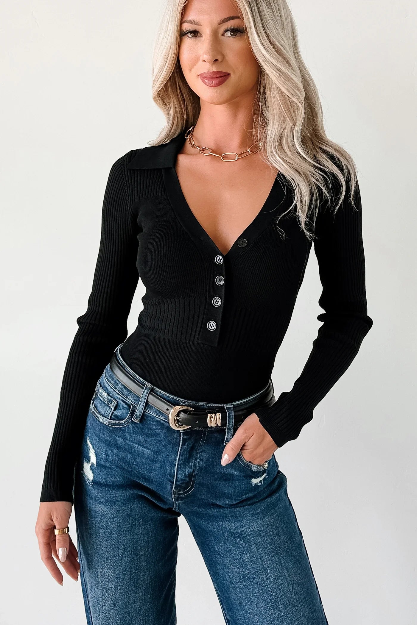 NanaMacs Serene Vibes Long Sleeve Polo Knit Bodysuit (Black)