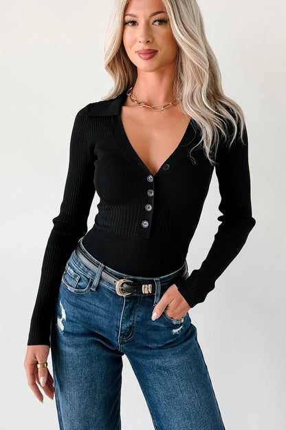 NanaMacs Serene Vibes Long Sleeve Polo Knit Bodysuit (Black)