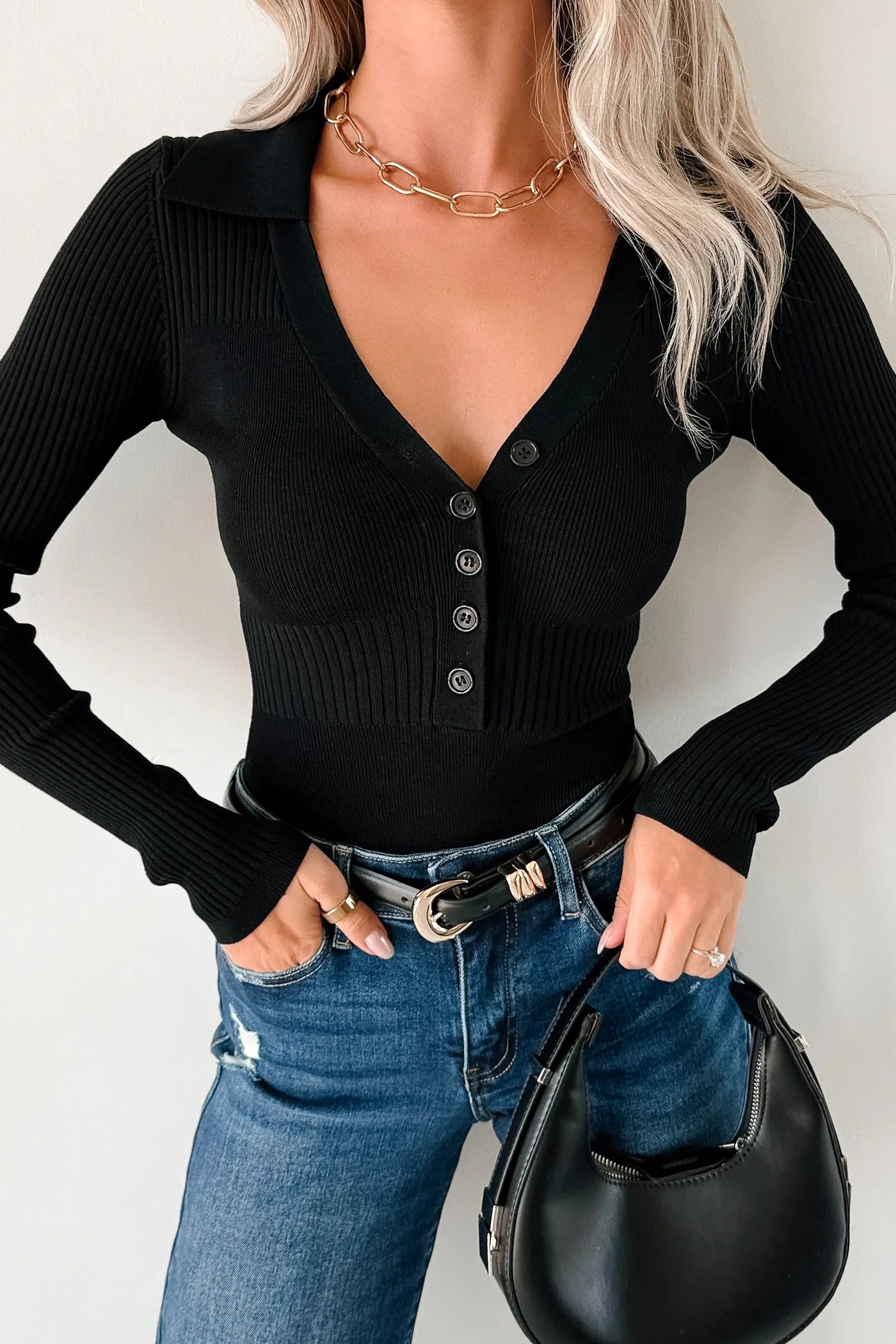 NanaMacs Serene Vibes Long Sleeve Polo Knit Bodysuit (Black)