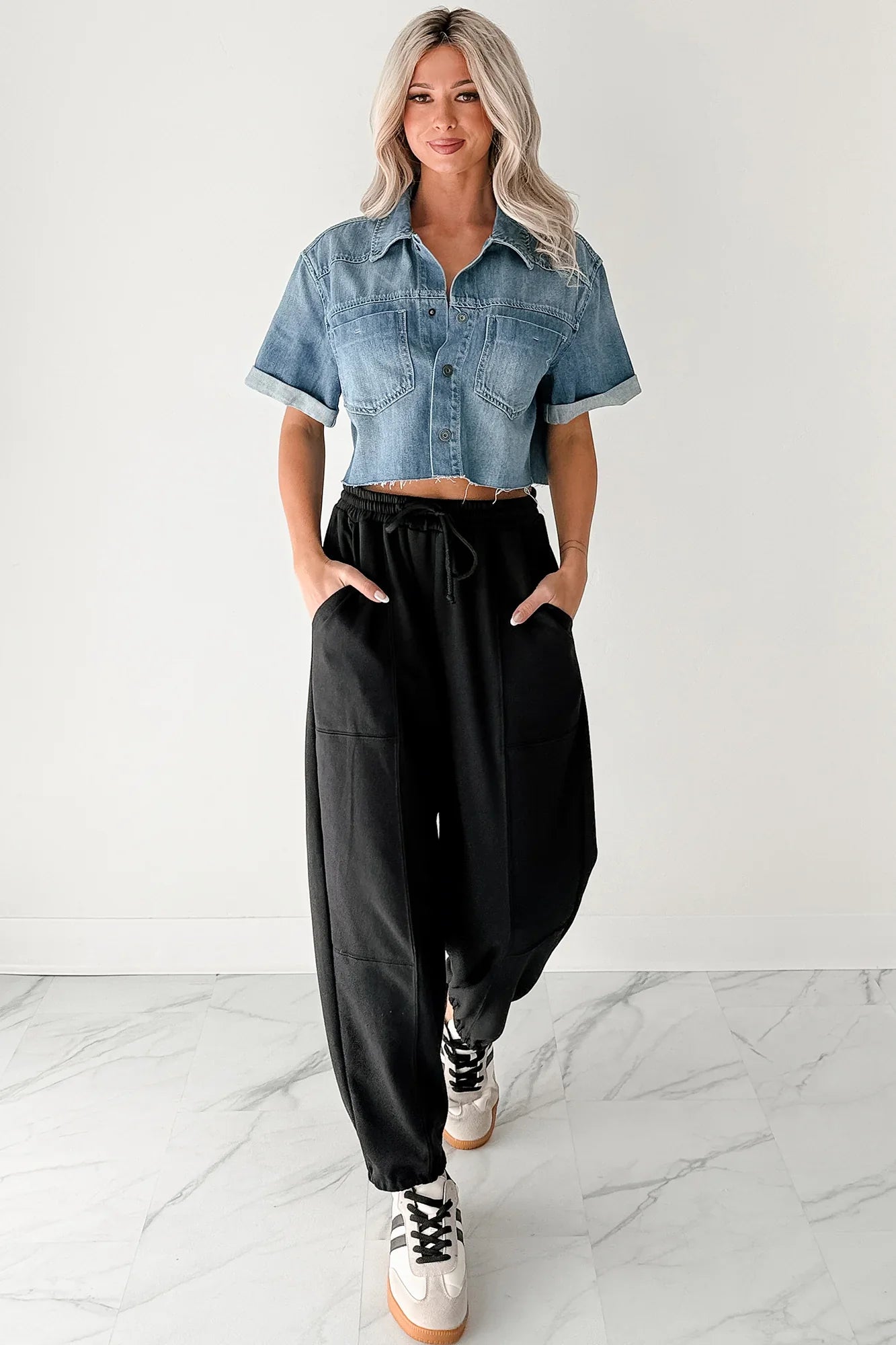 NanaMacs Out & About Short Sleeve Denim Crop Top (Medium)