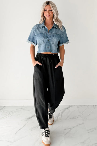 NanaMacs Out & About Short Sleeve Denim Crop Top (Medium)