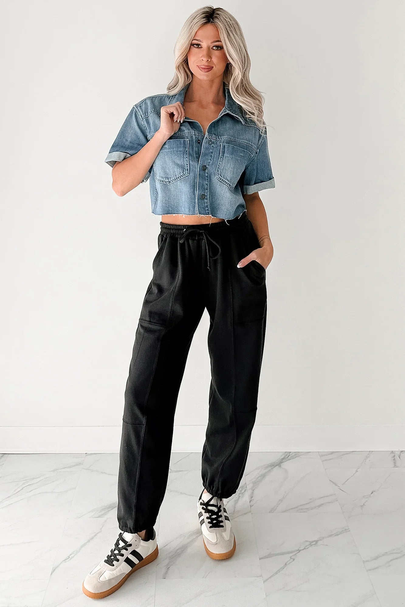 NanaMacs Out & About Short Sleeve Denim Crop Top (Medium)
