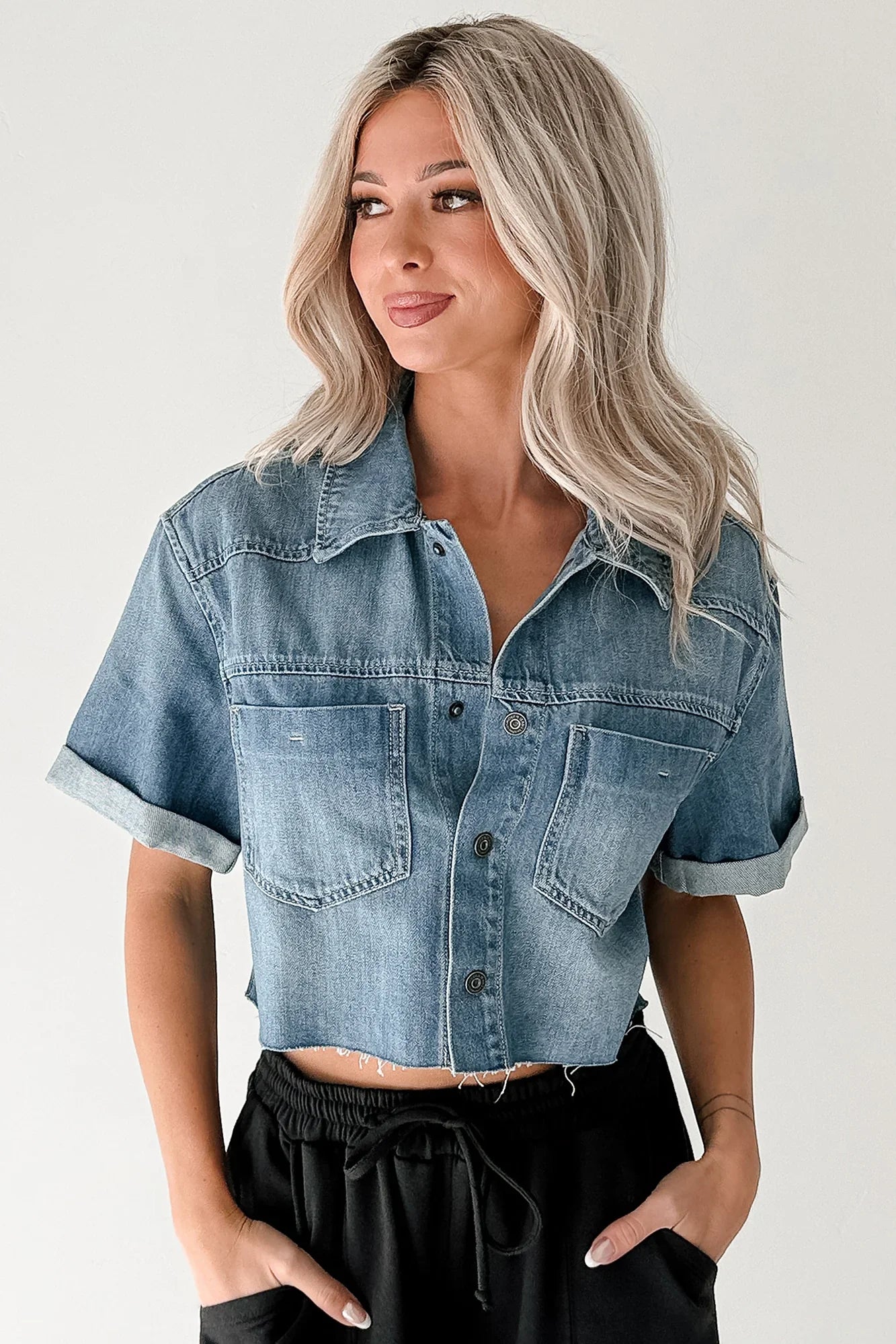 NanaMacs Out & About Short Sleeve Denim Crop Top (Medium)