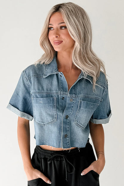 NanaMacs Out & About Short Sleeve Denim Crop Top (Medium)