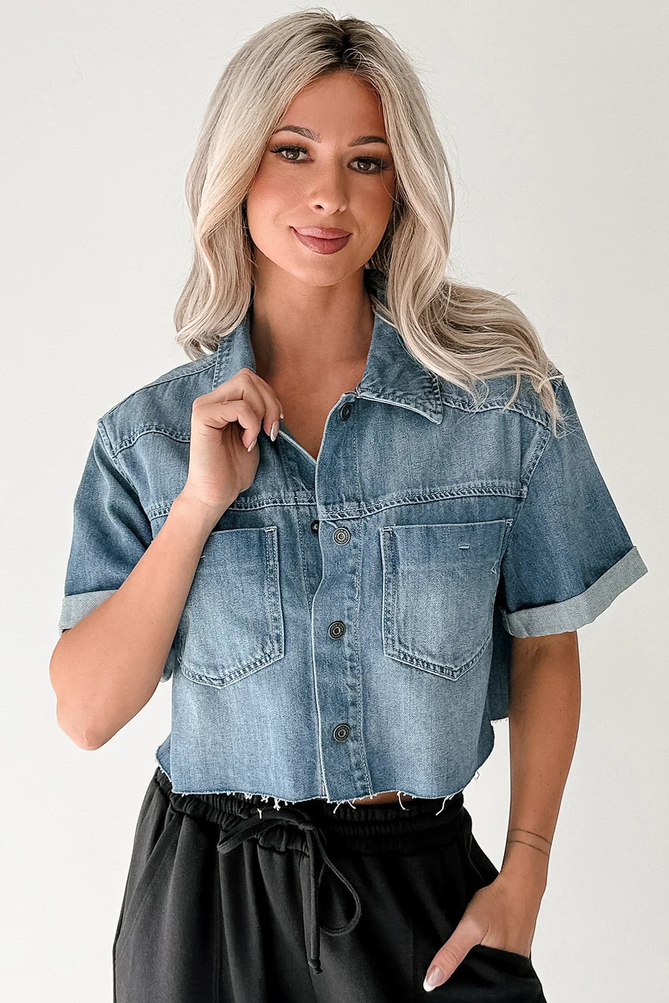 NanaMacs Out & About Short Sleeve Denim Crop Top (Medium)