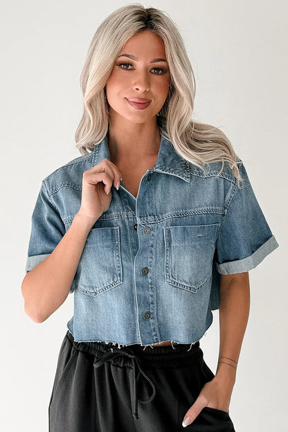 NanaMacs Out & About Short Sleeve Denim Crop Top (Medium)