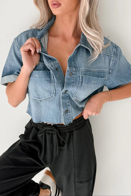 NanaMacs Out & About Short Sleeve Denim Crop Top (Medium)