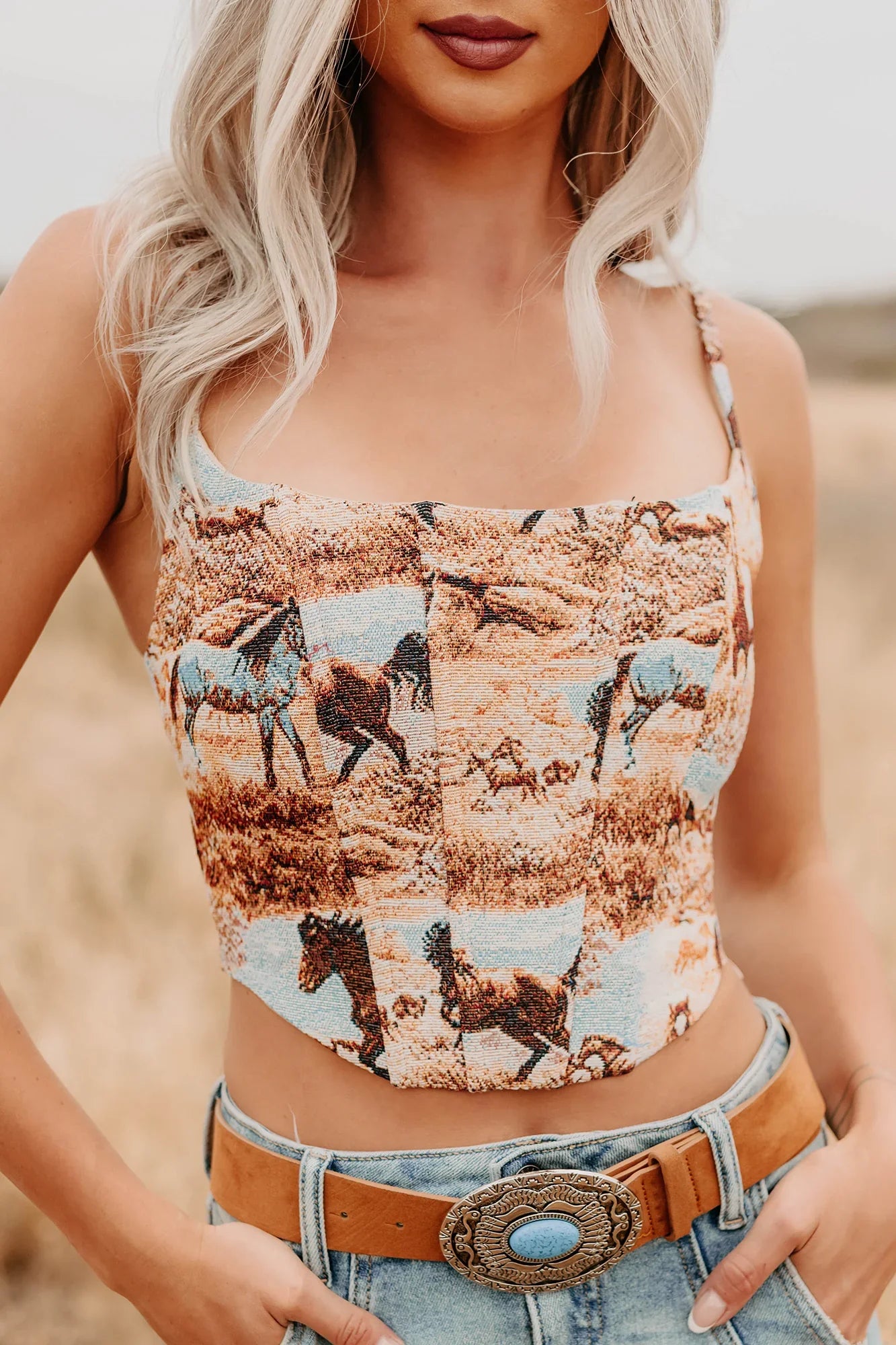 NanaMacs Buckle Bunny Sleeveless Western Print Crop Top (Multi)