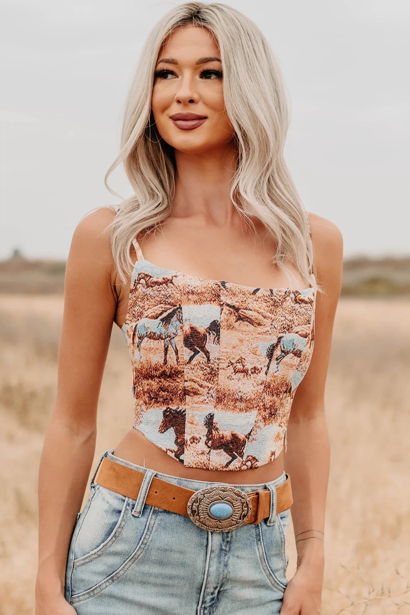 NanaMacs Buckle Bunny Sleeveless Western Print Crop Top (Multi)