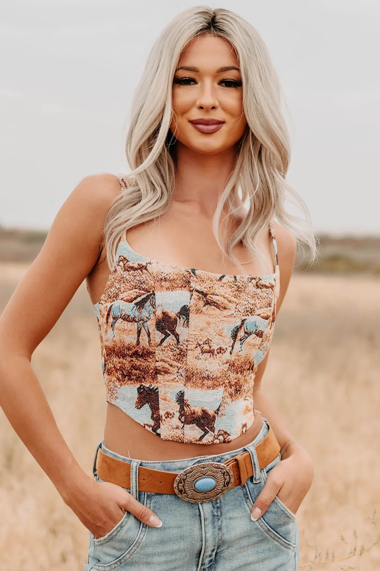 NanaMacs Buckle Bunny Sleeveless Western Print Crop Top (Multi)