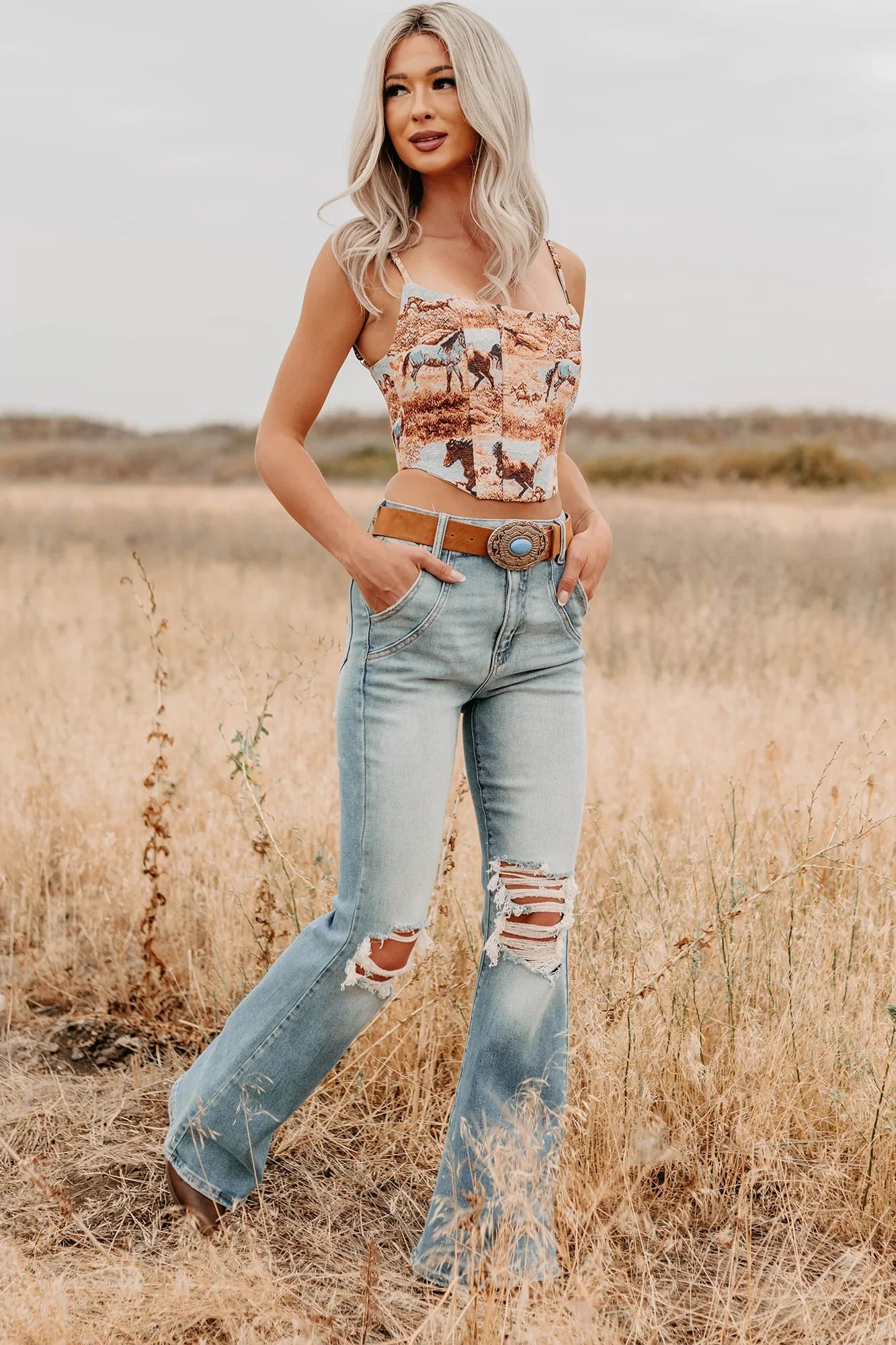 NanaMacs Buckle Bunny Sleeveless Western Print Crop Top (Multi)
