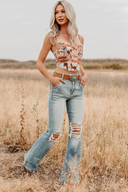 NanaMacs Buckle Bunny Sleeveless Western Print Crop Top (Multi)