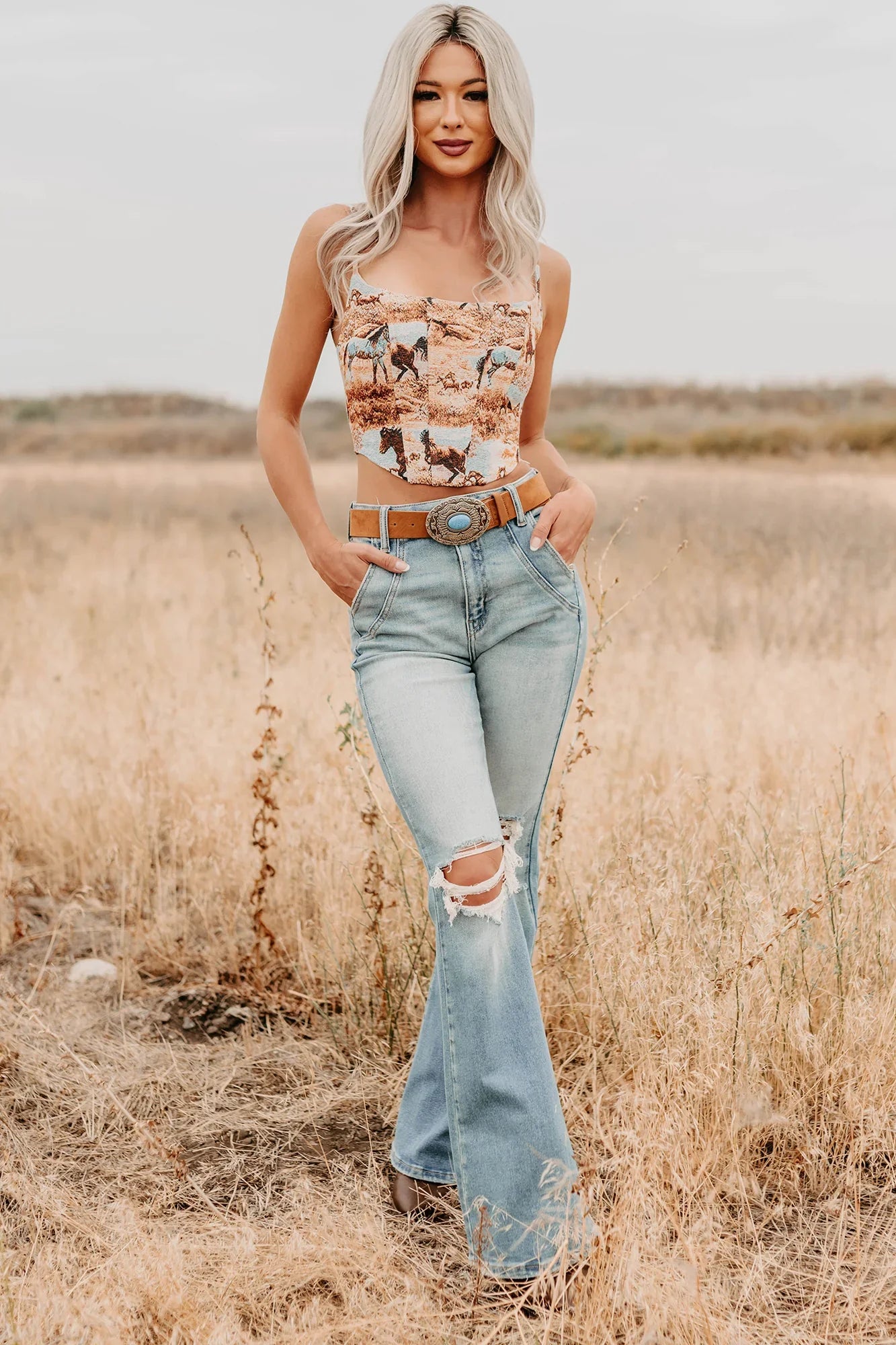NanaMacs Buckle Bunny Sleeveless Western Print Crop Top (Multi)