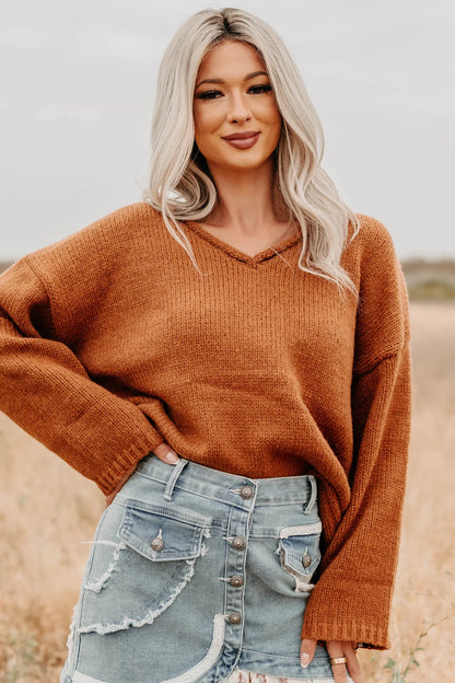 NanaMacs Coffee Talks Chunky V-Neck Sweater (Brown)