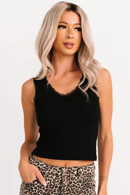 NanaMacs Bed Of Roses Ribbed Lace Trim Tank Top (Black)