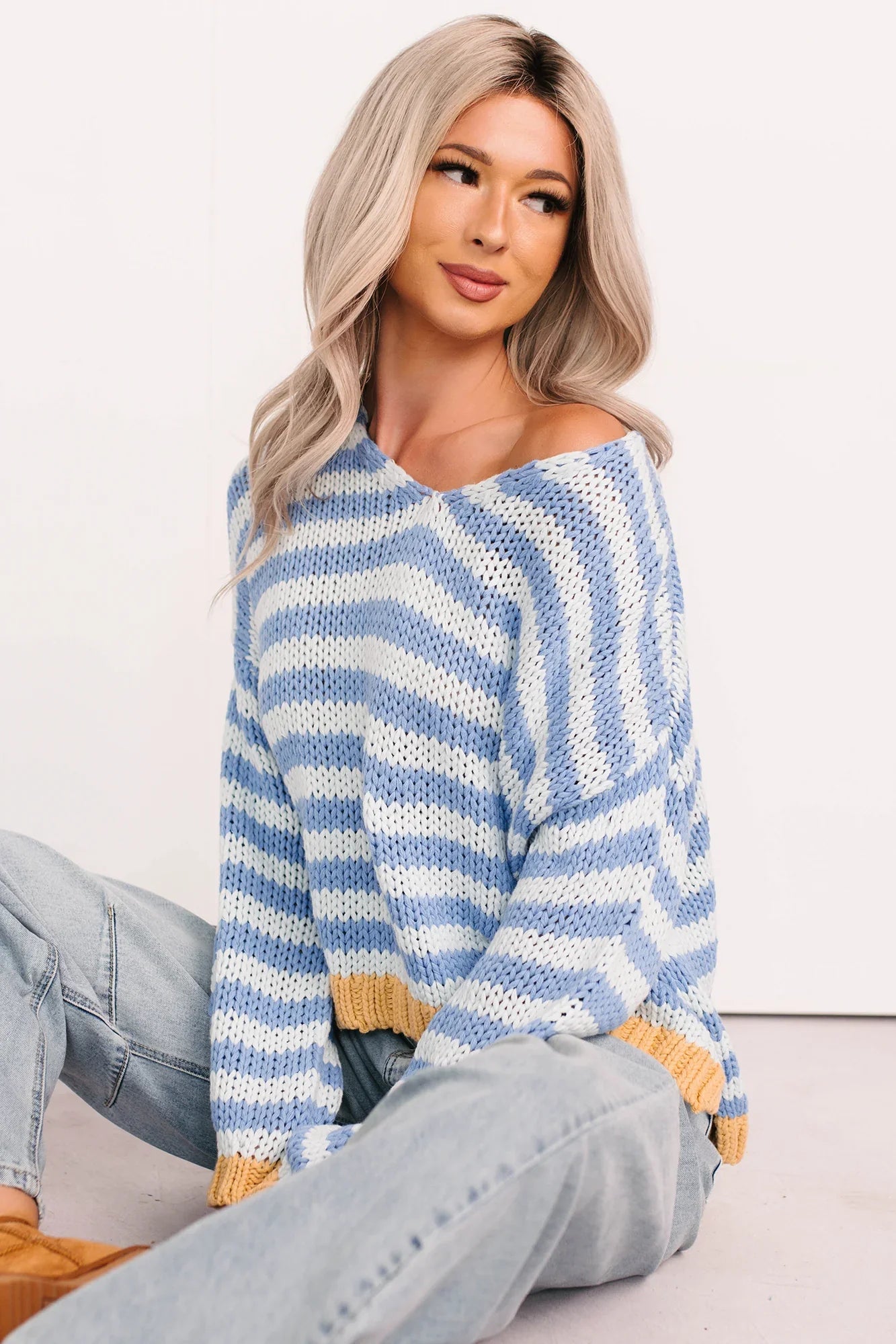 NanaMacs Deep Trance Relaxed Stripe Sweater (Denim/Mustard)