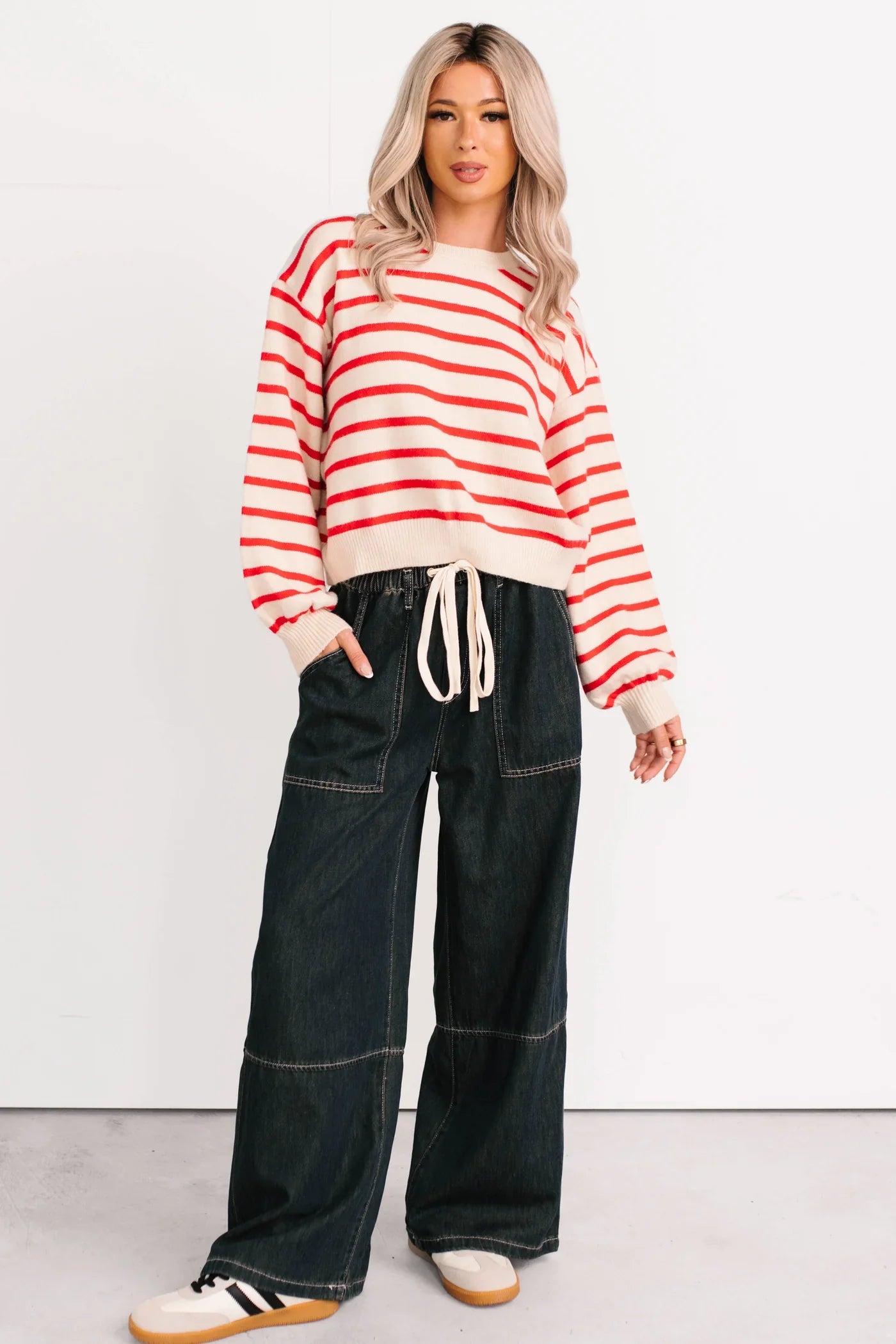 NanaMacs Morning Rituals Striped Button Detail Sweater (Red)