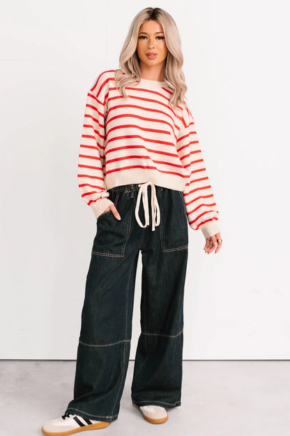 NanaMacs Morning Rituals Striped Button Detail Sweater (Red)