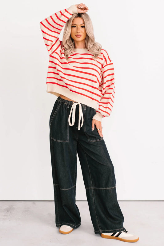 NanaMacs Morning Rituals Striped Button Detail Sweater (Red)