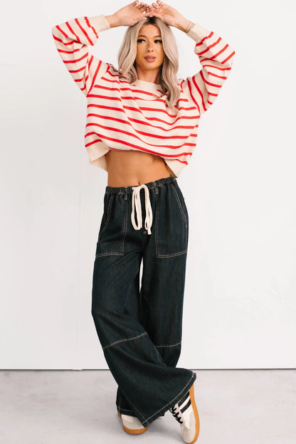 NanaMacs Morning Rituals Striped Button Detail Sweater (Red)