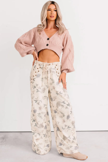 NanaMacs True Escapism Cropped Cable Knit Cardigan (Pink)