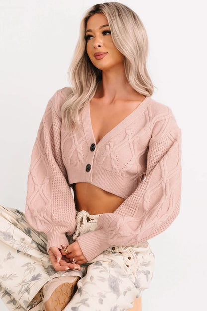 NanaMacs True Escapism Cropped Cable Knit Cardigan (Pink)