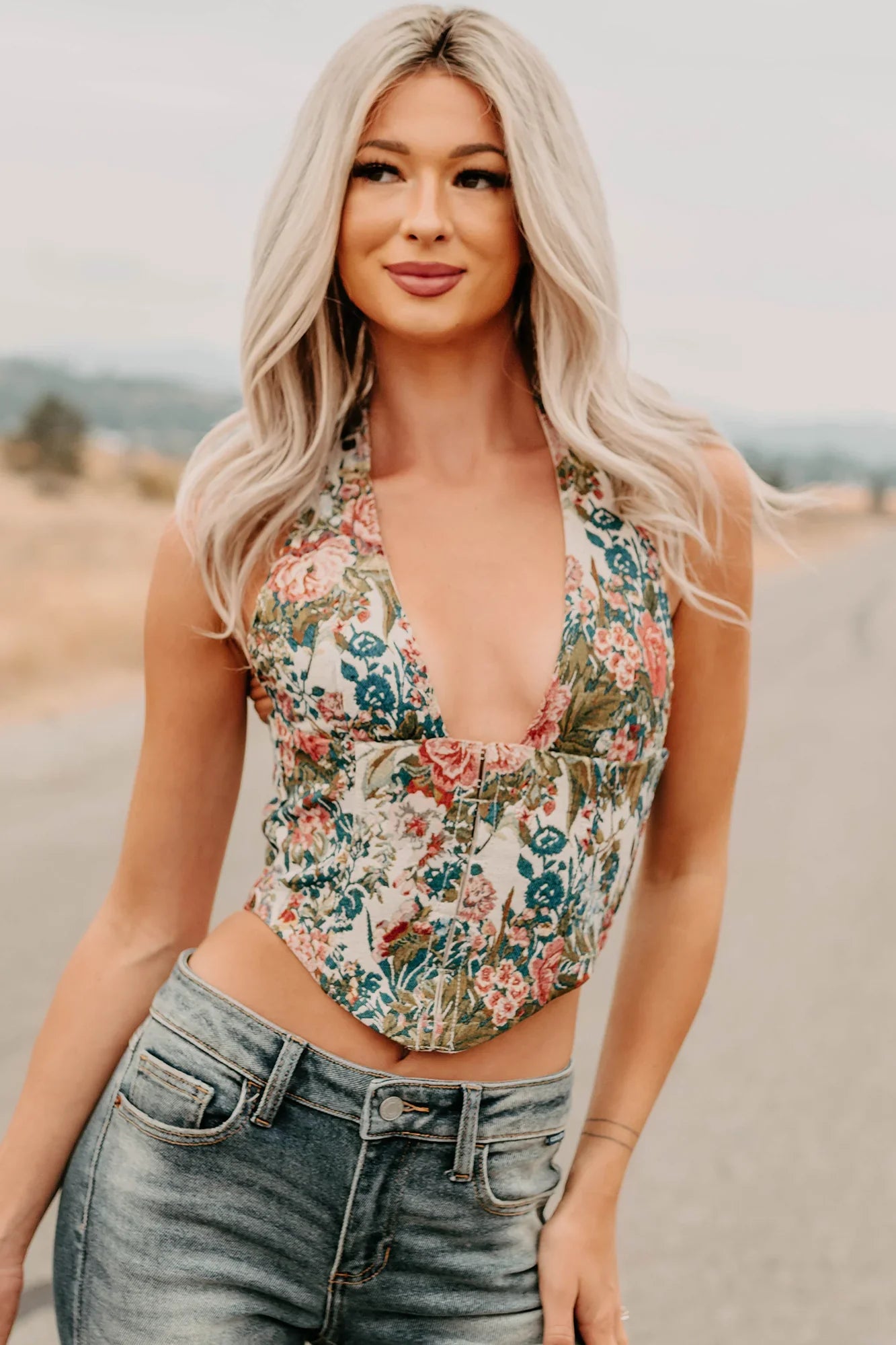 NanaMacs Thrive In Color Floral Halter Crop Top (Multi)