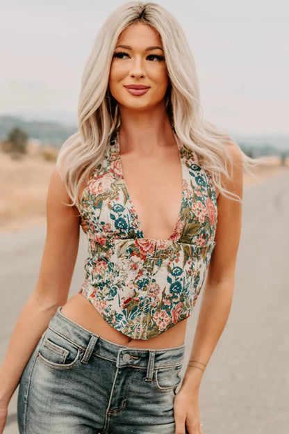 NanaMacs Thrive In Color Floral Halter Crop Top (Multi)