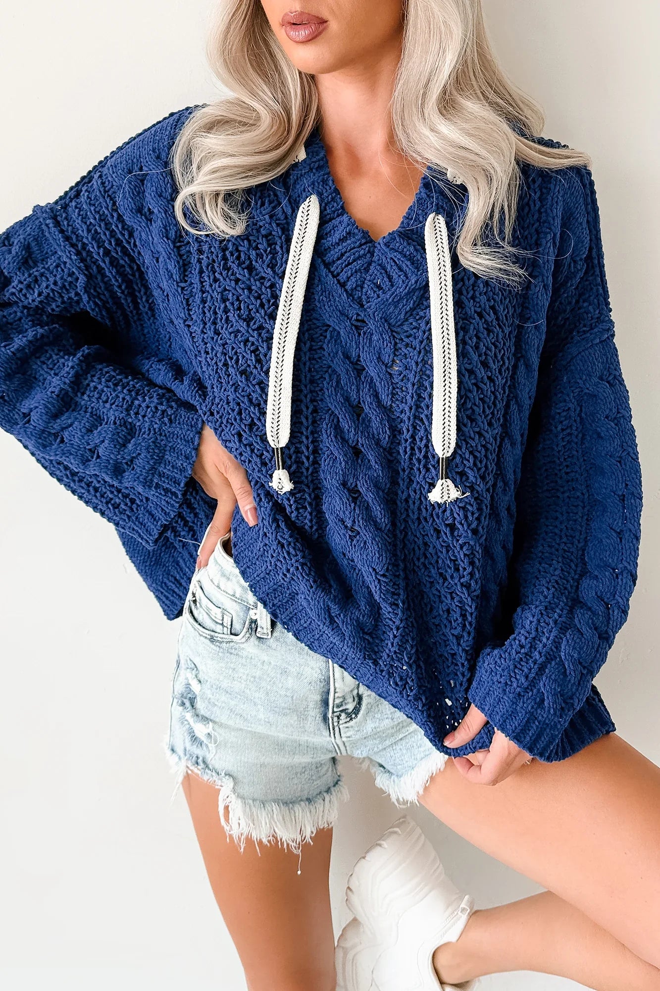 NanaMacs Total Ease Zenana Cable Knit Sweater Hoodie (Light Navy)