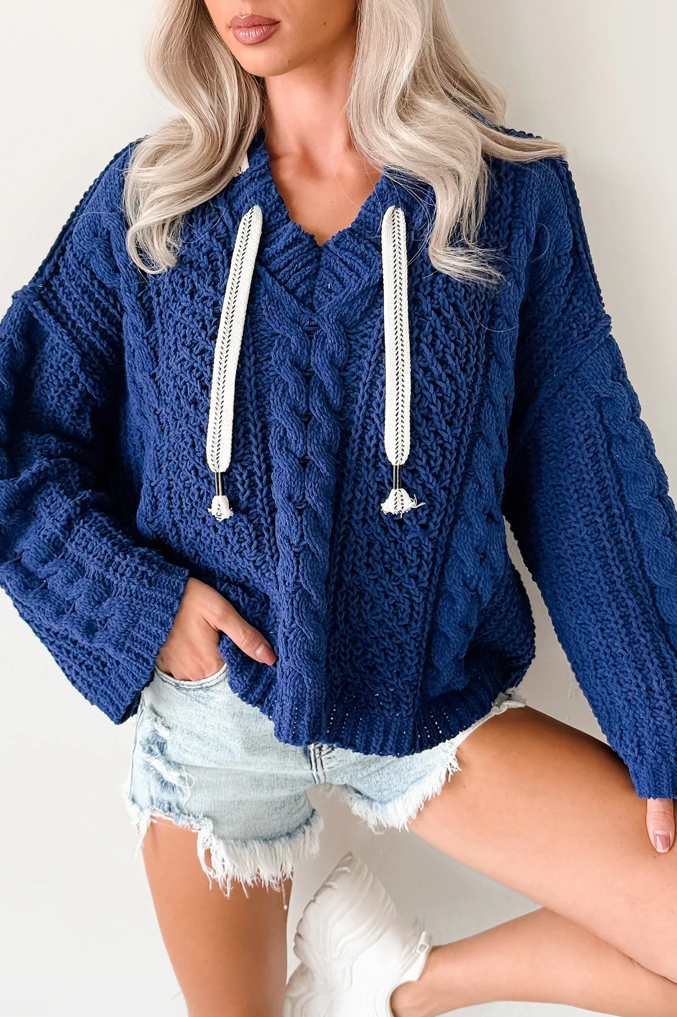NanaMacs Total Ease Zenana Cable Knit Sweater Hoodie (Light Navy)
