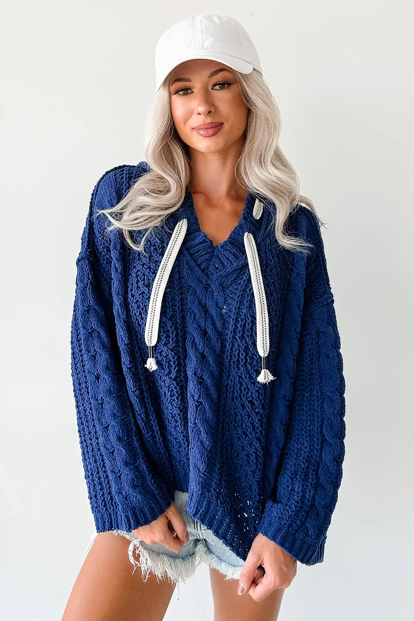 NanaMacs Total Ease Zenana Cable Knit Sweater Hoodie (Light Navy)