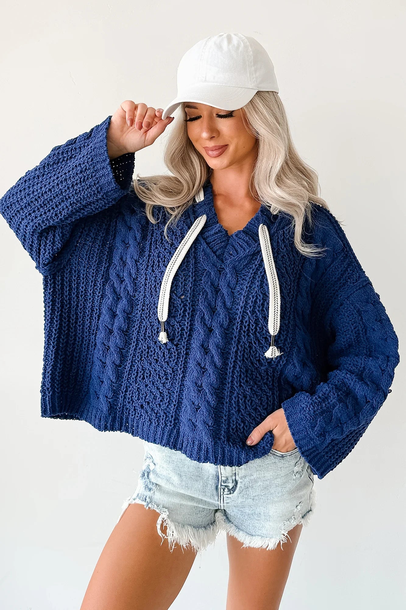 NanaMacs Total Ease Zenana Cable Knit Sweater Hoodie (Light Navy)