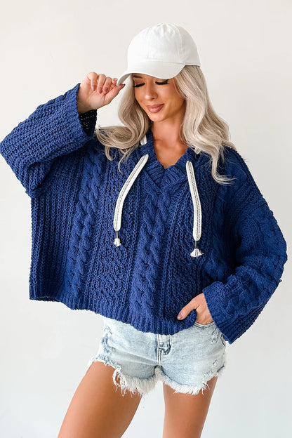 NanaMacs Total Ease Zenana Cable Knit Sweater Hoodie (Light Navy)