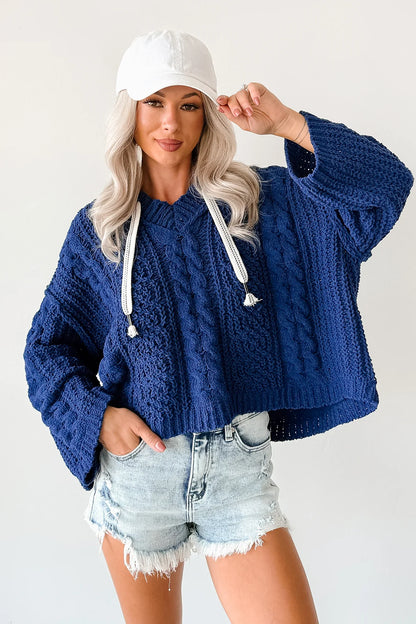 NanaMacs Total Ease Zenana Cable Knit Sweater Hoodie (Light Navy)