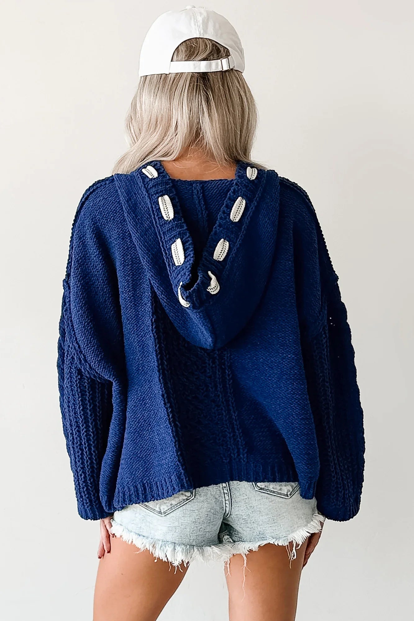 NanaMacs Total Ease Zenana Cable Knit Sweater Hoodie (Light Navy)