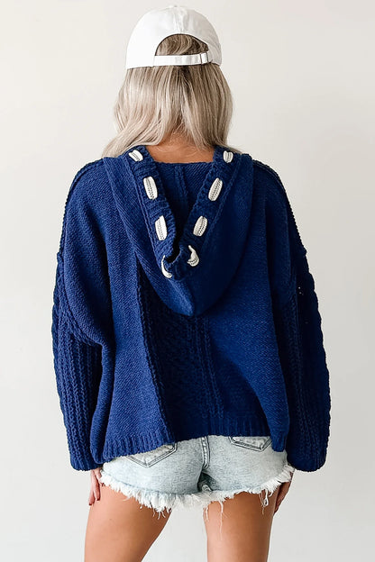 NanaMacs Total Ease Zenana Cable Knit Sweater Hoodie (Light Navy)